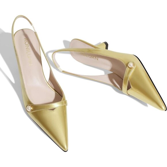 Ronilurn Women Gold Kitten Closed Pointed Toe Slingback Low Pearl Heel Pumps - Picture 6 of 7